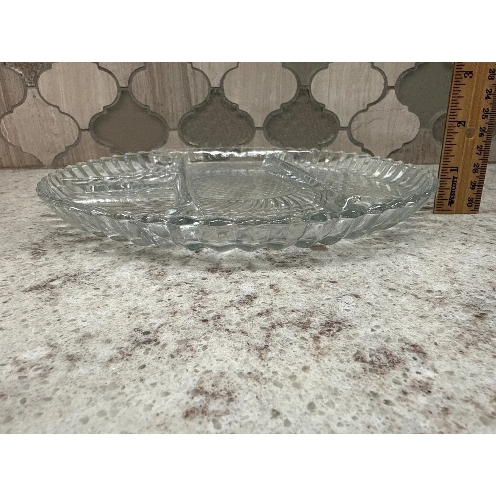 Vintage Clear Pressed Glass Divided Serving Platter Relish Tray Sunburst Swirl 9